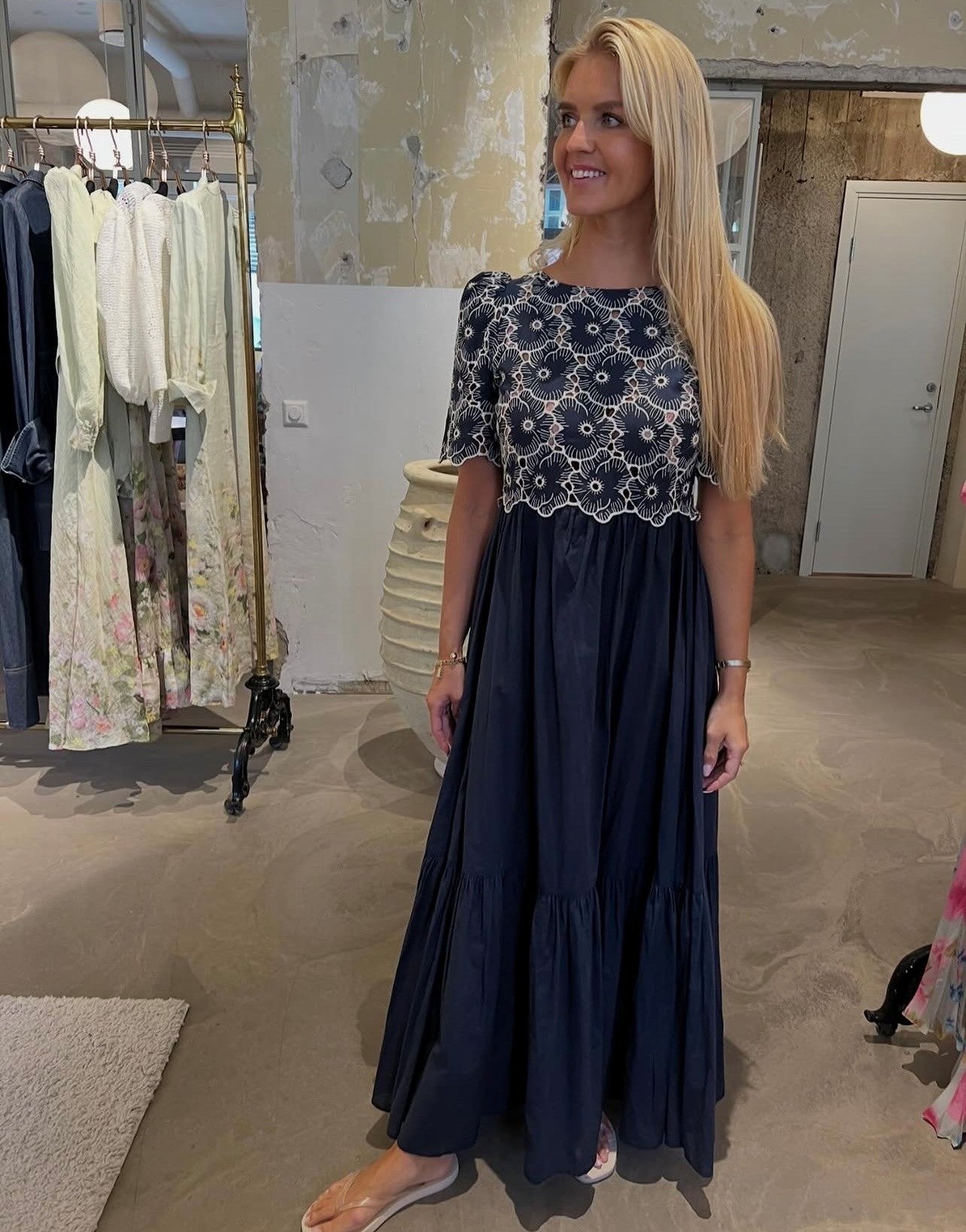 Broderie Anglaise Maxi Dress-navy