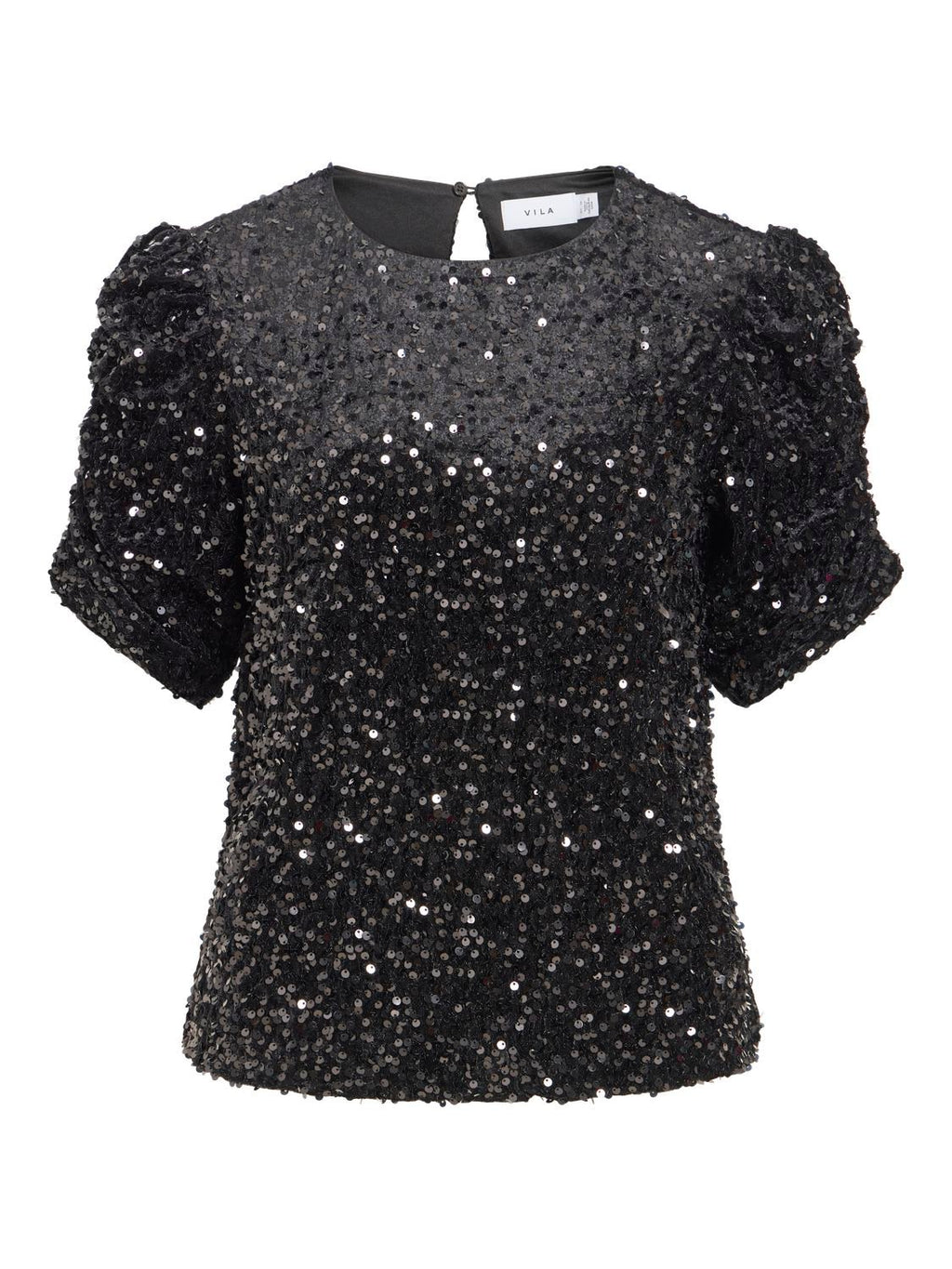 Vibelieve o'neck puff sequins top-black
