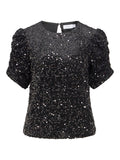 Vibelieve o'neck puff sequins top-black