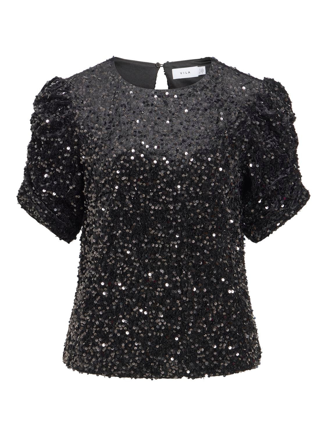 Vibelieve o'neck puff sequins top-black