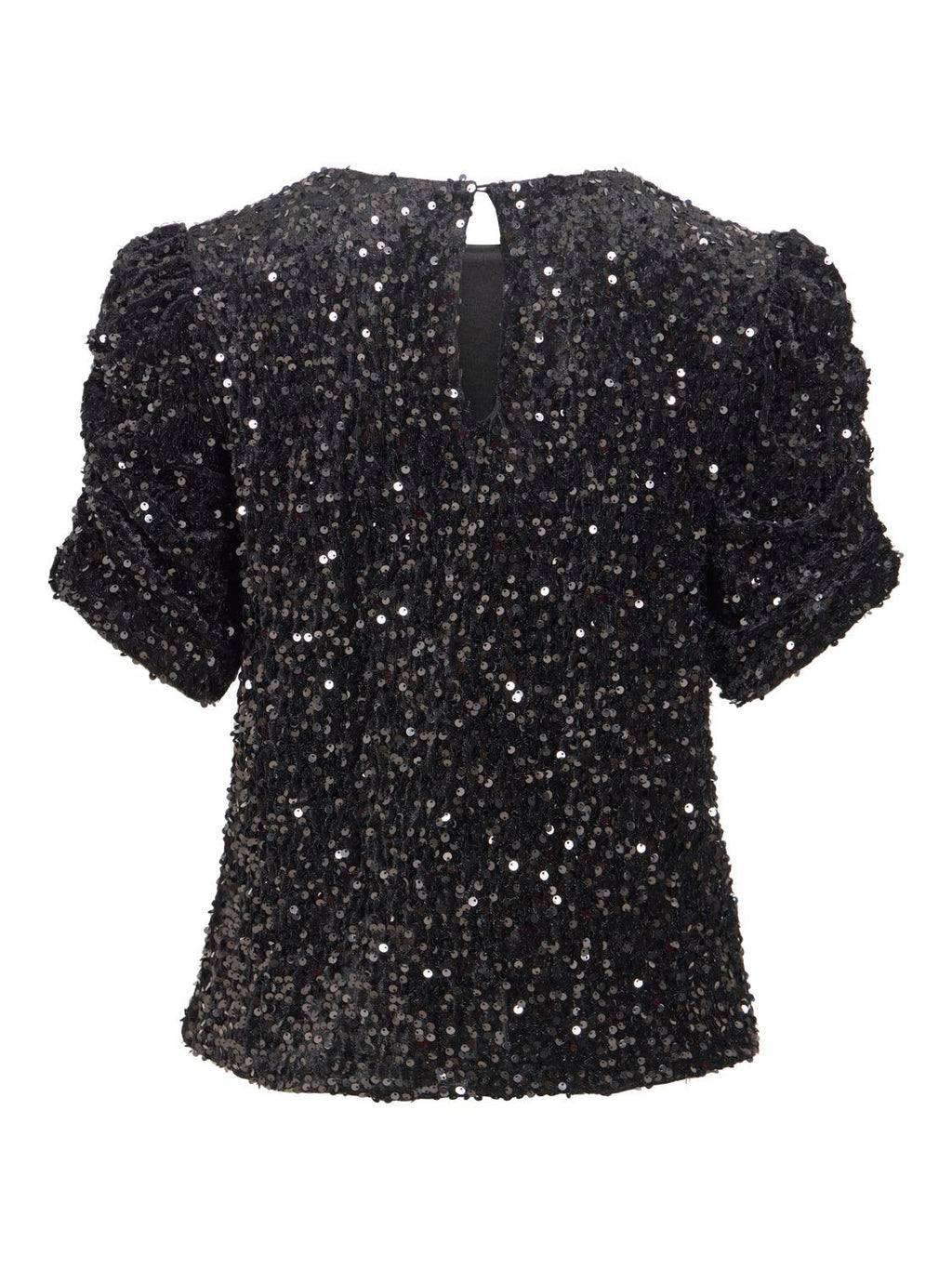 Vibelieve o'neck puff sequins top-black