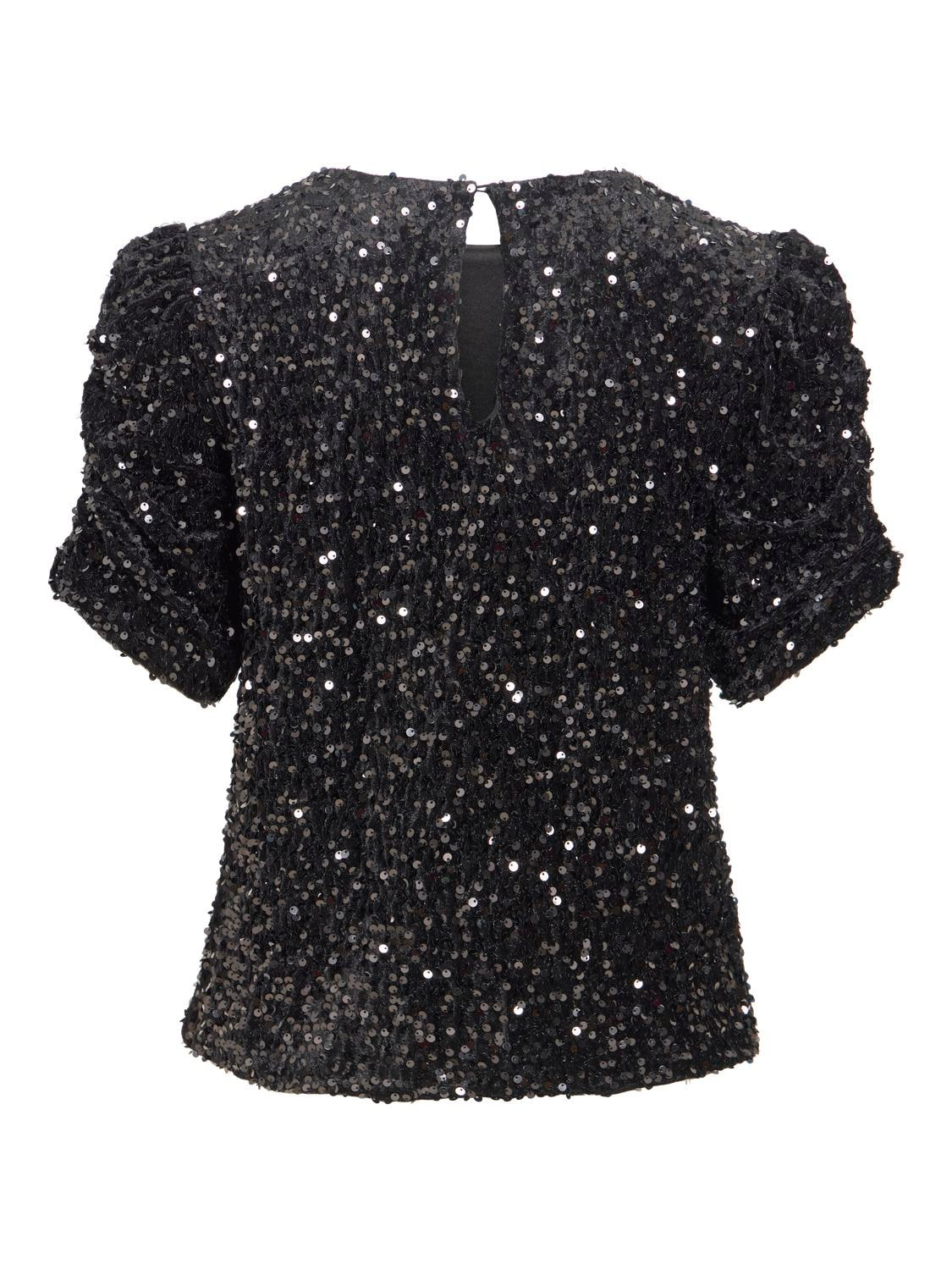 Vibelieve o'neck puff sequins top-black